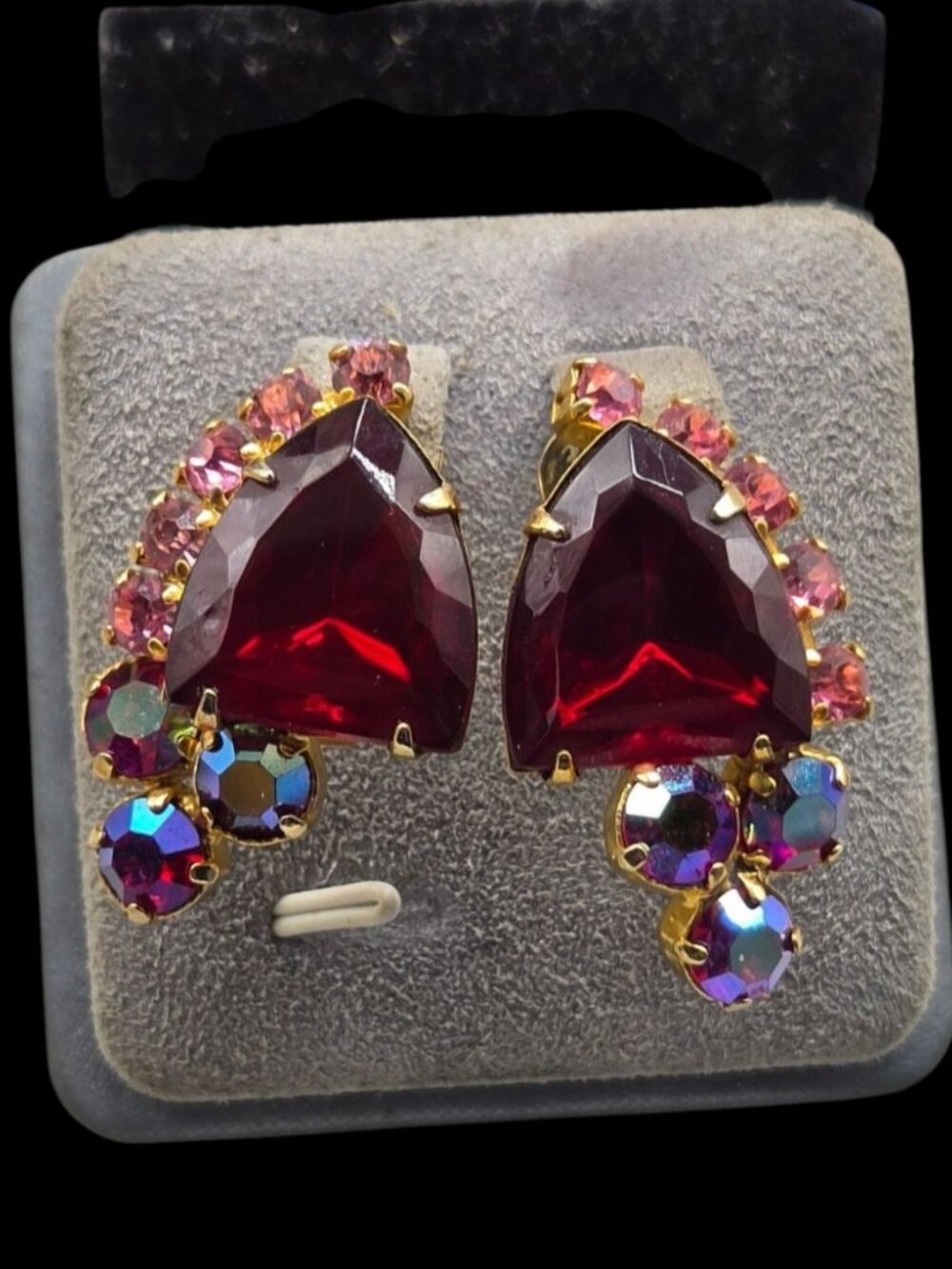 Vintage Kramer of NY Red Rhinestone Cluster Clip On Earrings Gold Tone 1950s
